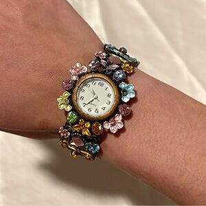 Rare Y2K Floral Rhinestone Watch Bracelet Ornate Pastel Crystal